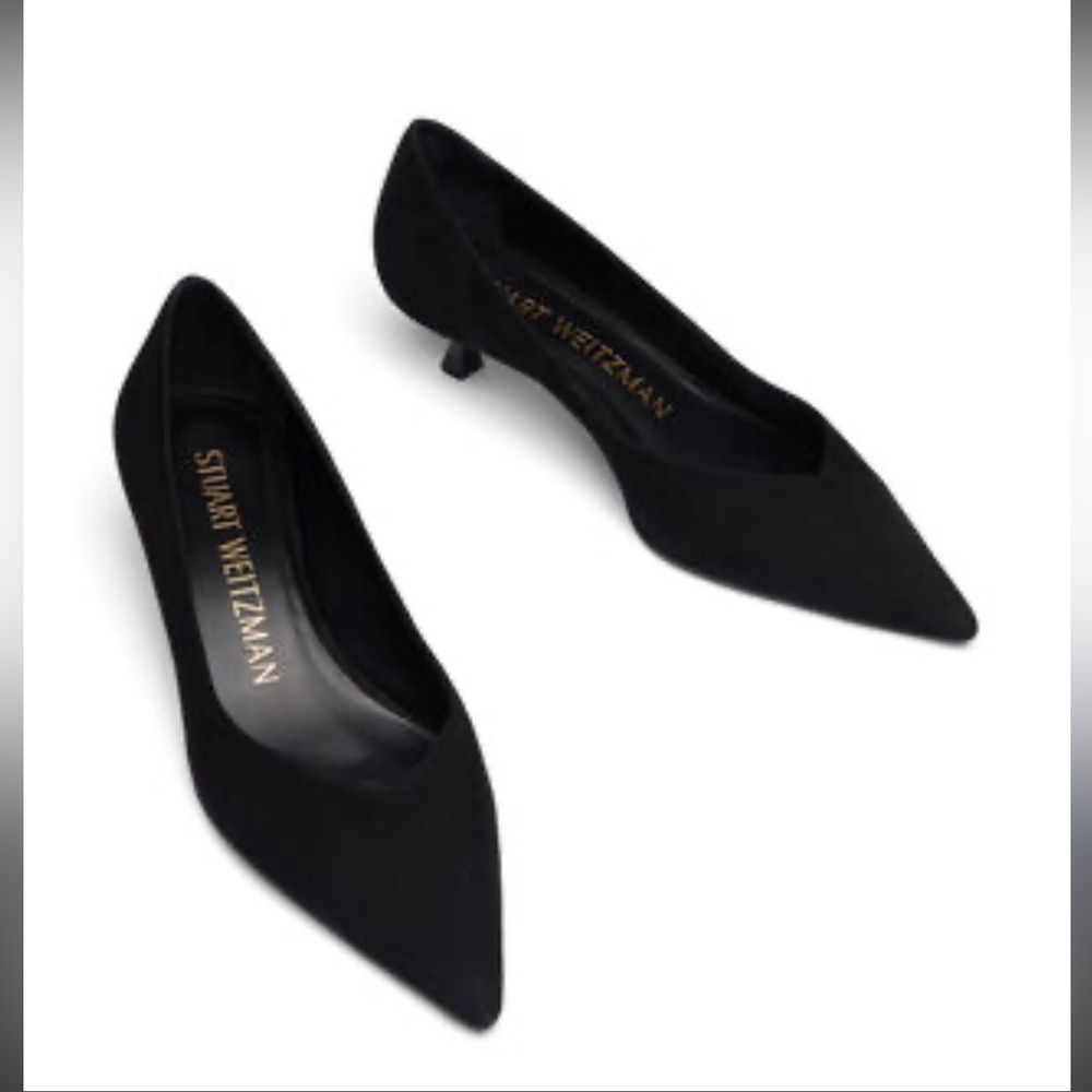 Preloved Stuart Weitzman Black Suede Leather Pointed Toe Kitten Heels Size 7B - Picture 9 of 11